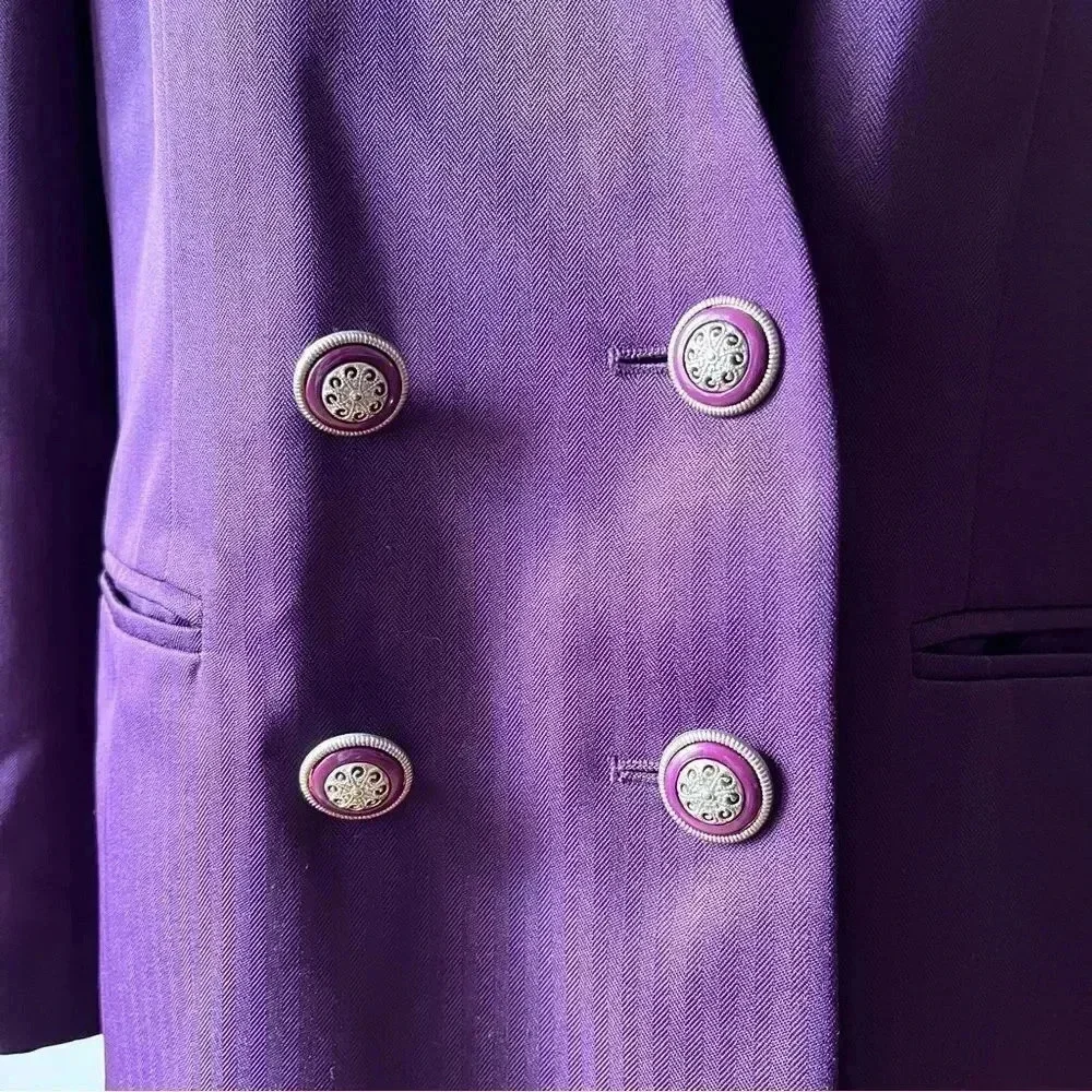 Vintage 90s Academia Gilmor Herringbone Collarless Purple Blazer Size 14 - Picture 4 of 9